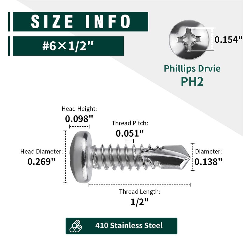 EASTLO #6 x 1/2" Pan Head Self Drilling Screws, Phillips Drive, 410 Stainless Steel Sheet Metal Screws,Self Tapping, Dovetail, Pack of 100 - Image 3